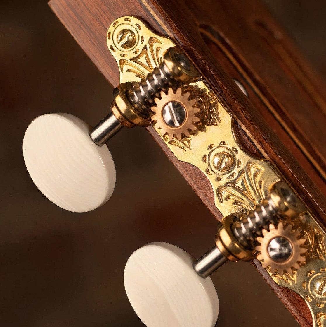 classical gear StewMac, Sloane Classical Guitar Tuners with Ivoroid Knobs and Deco Baseplates, Bright Brass, White Rollers , Sloane